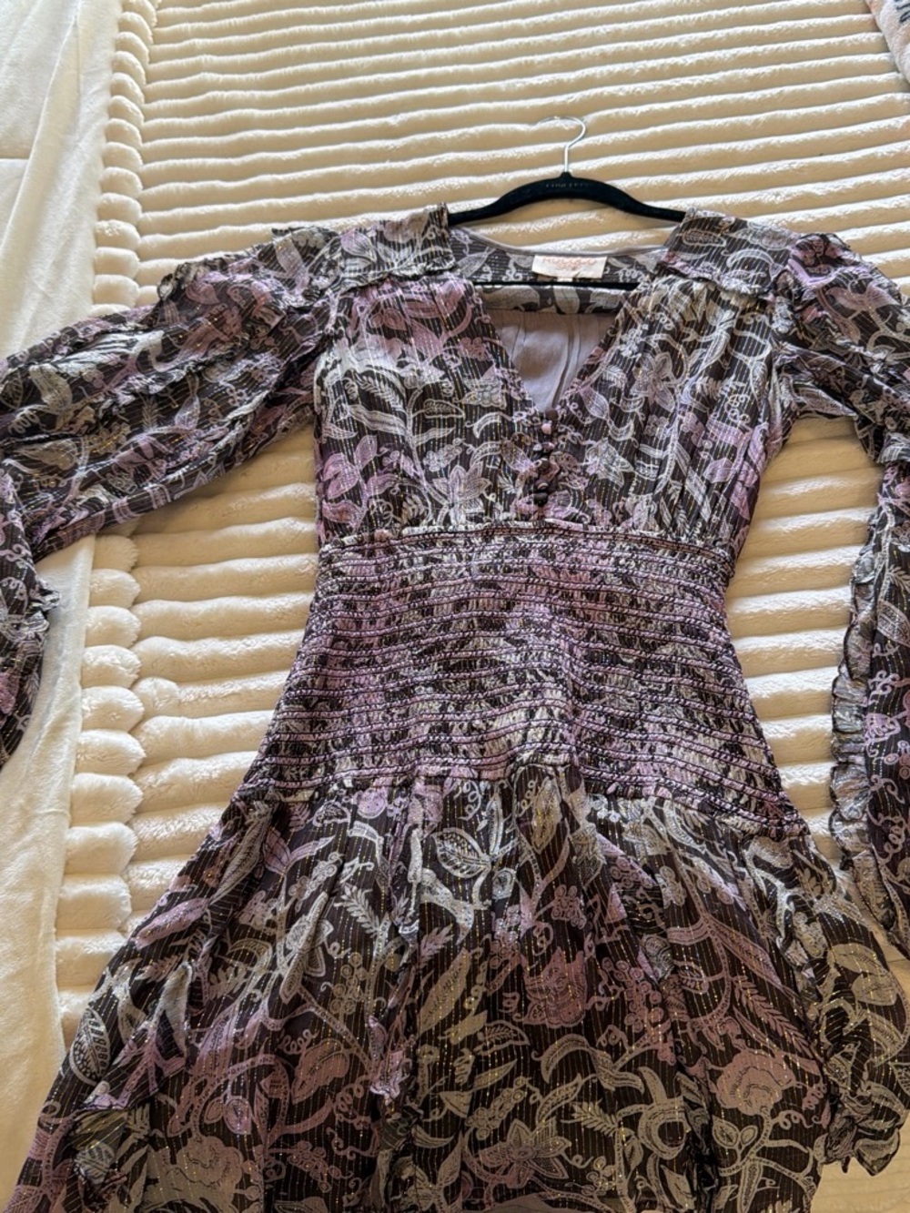 Rococo Sand Lavender and Black Floral Smocked-Waist Long Sleeve Dress